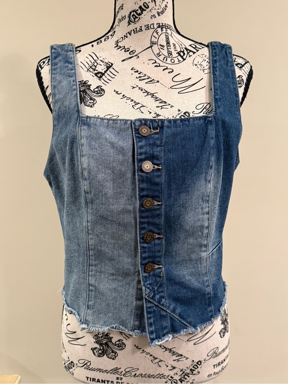 2-Tone Denim Button-Front Corset Top in Blue
